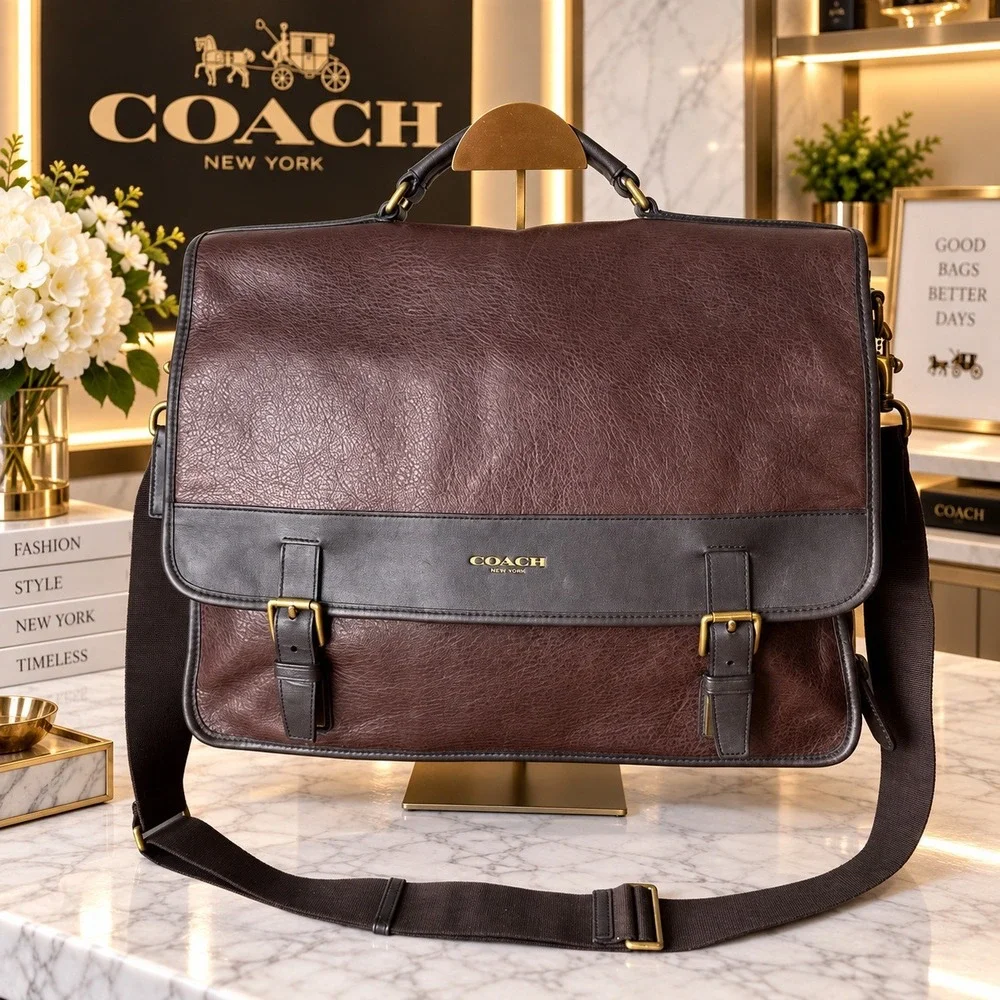 Coach Essex Messenger Briefcase Bag Brown Pebbled Leather Mens Satchel